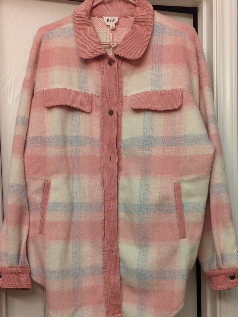 BiBi Pink Cream & Light Blue Plaid Shacket